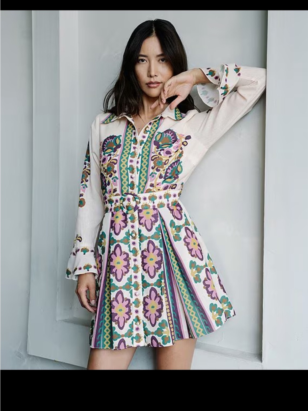 Floral Printed Collared Long Sleeve Crepe Mini Shirt Dress